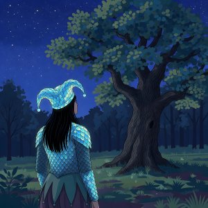illustrations-fantasy-jesters · Jester With Pure Black Hair Wearing Luminensce Scales