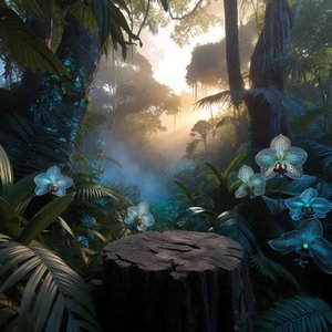 illustrations-landscape · Exotic Rainforest Deep At Dawn Towering Bioluminescent Trees