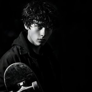 portraits-gel · Striking Black And White Fashion Teen Skateboarder Portrait