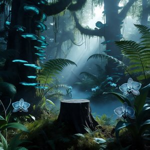 illustrations-landscape · Exotic Rainforest Deep At Dawn Towering Bioluminescent Trees