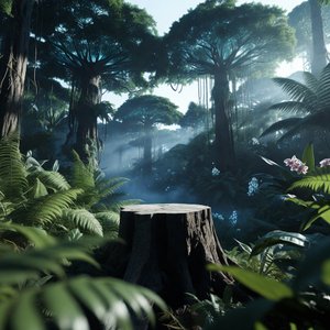 illustrations-landscape · Exotic Rainforest Deep At Dawn Towering Bioluminescent Trees