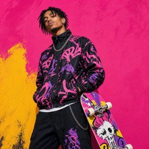 photos-people-editorial-portraits · Confident High Fashion Portrait Of Skateboarder Mal Against