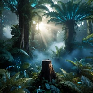 illustrations-landscape · Exotic Rainforest Deep At Dawn Towering Bioluminescent Trees