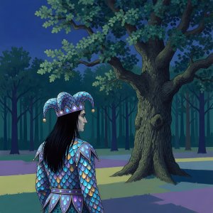 illustrations-fantasy-jesters · Jester With Pure Black Hair Wearing Luminensce Scales