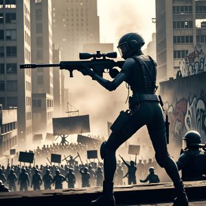 illustrations-scifi-mecha · A Rooftop Assassin In A Dystopian City Preparing