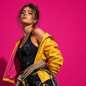 photos-people-editorial-portraits · Confident High Fashion Portrait Of Rock Climber Against