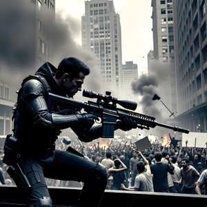 illustrations-scifi-mecha · A Rooftop Assassin In A Dystopian City Preparing