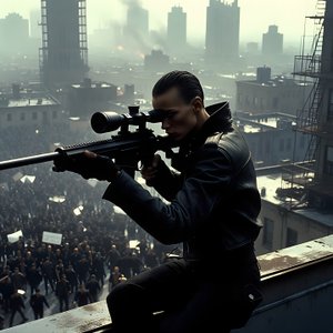 illustrations-scifi-mecha · A Rooftop Assassin In A Dystopian City Preparing