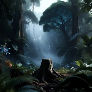 illustrations-landscape · Exotic Rainforest Deep At Dawn Towering Bioluminescent Trees