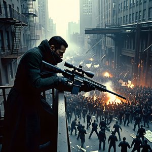 illustrations-scifi-mecha · A Rooftop Assassin In A Dystopian City Preparing