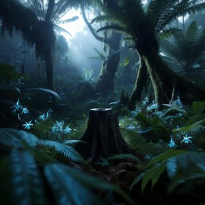 illustrations-landscape · Exotic Rainforest Deep At Dawn Towering Bioluminescent Trees