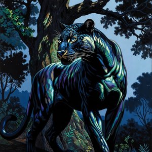 illustrations-fantasy-creatures · The Powerful Panther With Luminescent Scales Next To