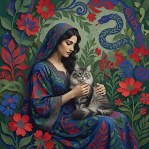 relationships · The Mistress And Her Cat In The Garden